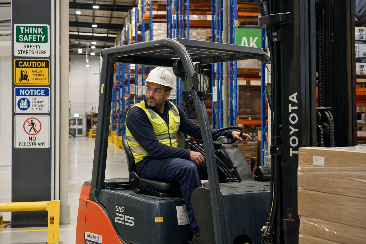 Warehouse supervisor in a high-visibility vest directing a forklift operator